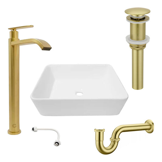 Combo Lavamanos Rectang.+griferia Ag.fria+push+sifon Oro Cep