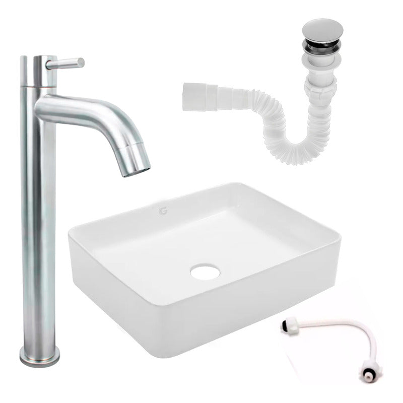 Kit Lavamanos Rectangular+griferia Agua Fria Plateada C+push