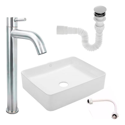 Kit Lavamanos Rectangular+griferia Agua Fria Plateada C+push