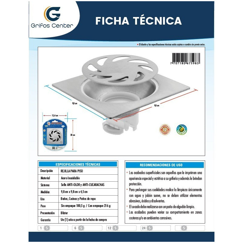Rejilla De Piso Antiolor-anticucarachas Acero Inoxidable