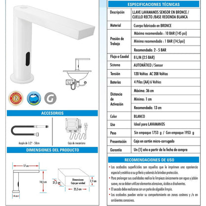 Llave Lavamanos De Sensor Cuello Recto