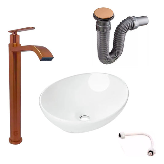 Kit Lavamanos Canoa+griferia Agua Fria Cepilado+push Oro Ros