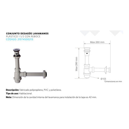 Conjunto Desagüe Lavamanos Plástico Con Reboce + Sifón Bote