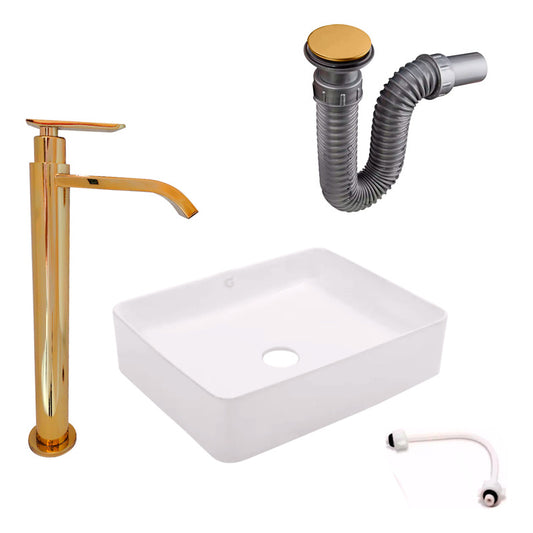 Kit Lavamanos Rectan.+griferia Agua Fria Oro Brillante+push