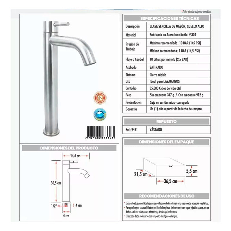 Combo Lavamanos Rectang.+griferia Agua Fria+push Y Sifon Gf2