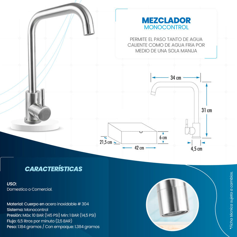 Mezclador Lavaplatos Acero Inoxidable #304