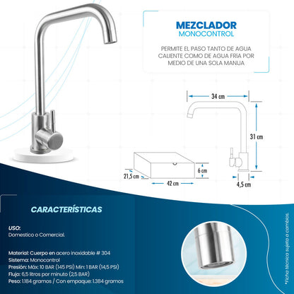 Mezclador Lavaplatos Acero Inoxidable #304