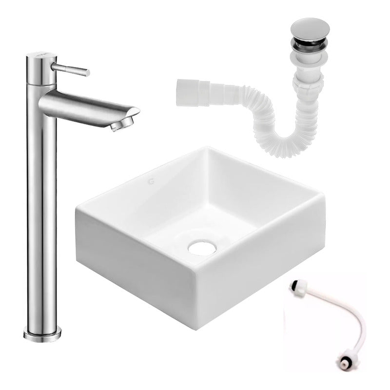 Kit Lavamanos Cuadrado+griferia Agua Alta Brillante+push