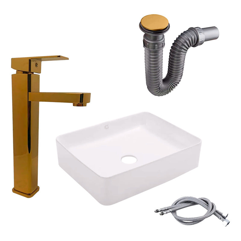 Kit Lavamanos Rectan.+griferia Monocontrol Cuadra+push Oro