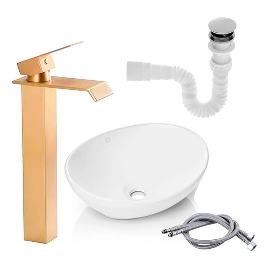 Kit Lavamanos+grifo Monocontrol Oro Cepillado+push+acople