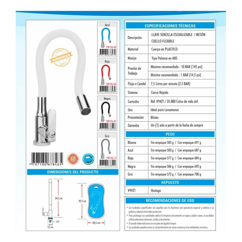 Llave Lavaplatos Mesa Orientable Alta Calidad Negra Economi
