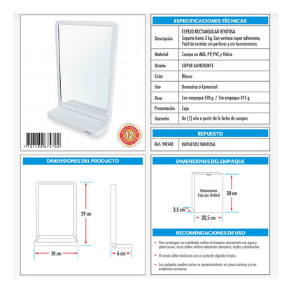 Espejo Para Baño Rectangular Con Ventosa Blanco