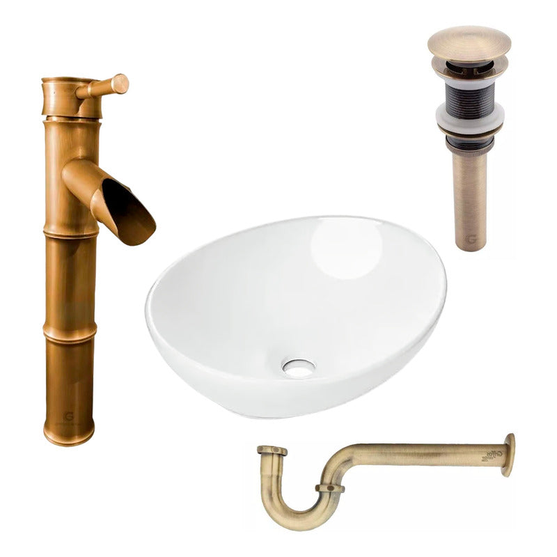 Kit Lavamanos Canoa+griferia Monoc+push+sifon Bronce Antiguo