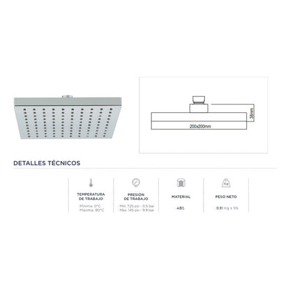 Ducha Regadera Cuadrado 8 PuLG 20cm Slim Plateada