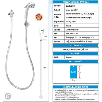 Ducha Bidet Cromada De 1.5 Metros Con Desviador Metalico