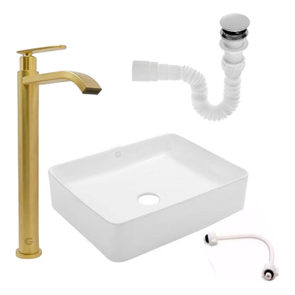 Kit Lavamanos Rectangular+griferia Agua Fria Oro Cepill+push