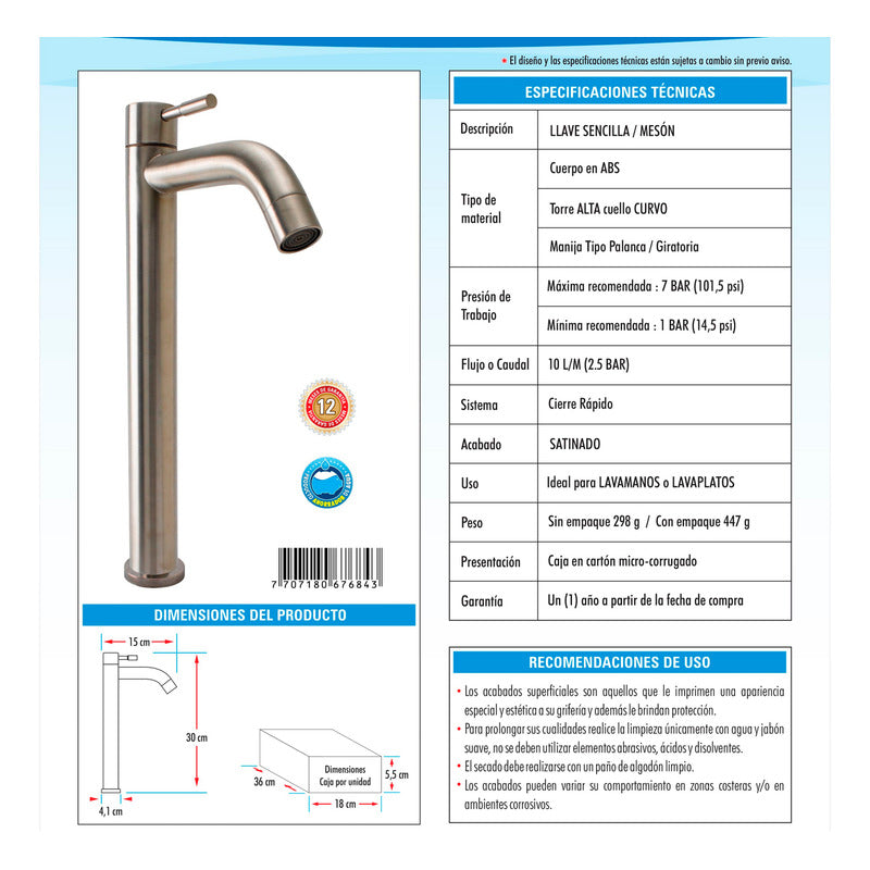 Kit Lavamanos Rectangular+grifo Agua Fria Plat.satin+push