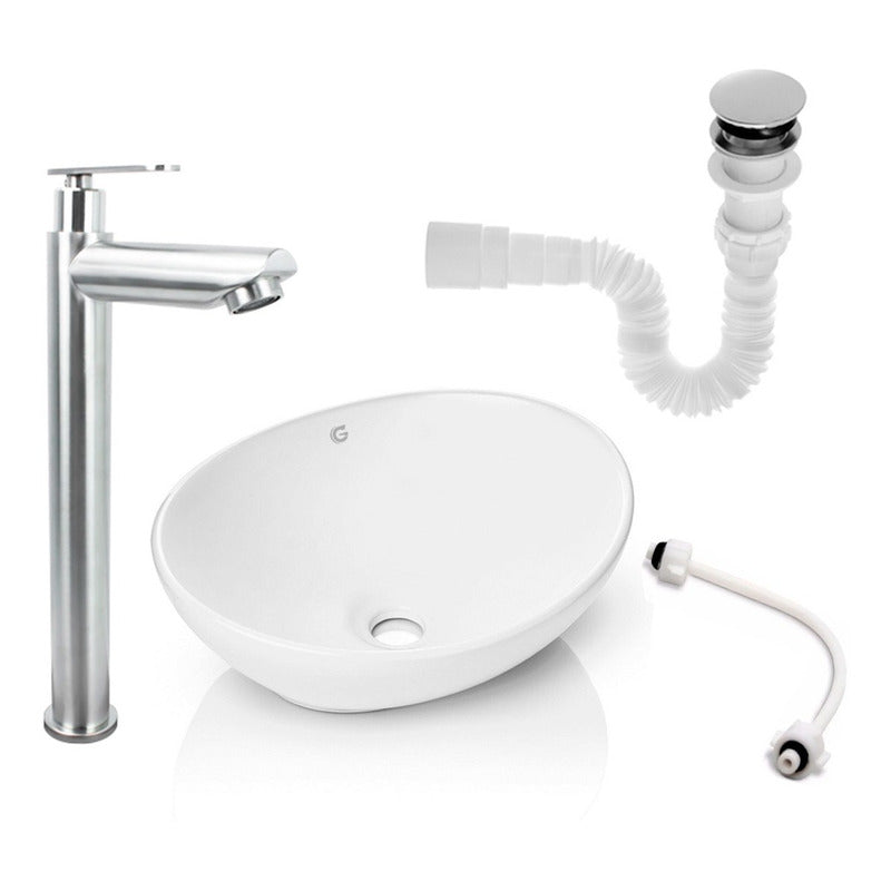 Kit Lavamanos Blanco+griferia Agua Fria+push Y Acople