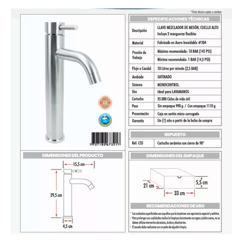 Kit Lavamanos Cuadrado+grifo Monocontrol Satinada Curva+push