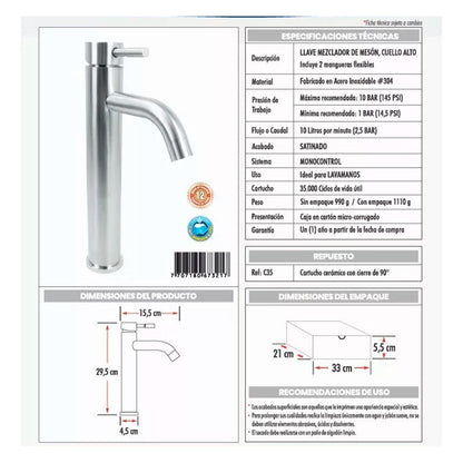 Kit Lavamanos Cuadrado+grifo Monocontrol Satinada Curva+push