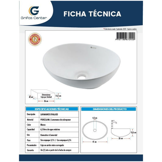 Lavamanos En Pocelana Ovalado