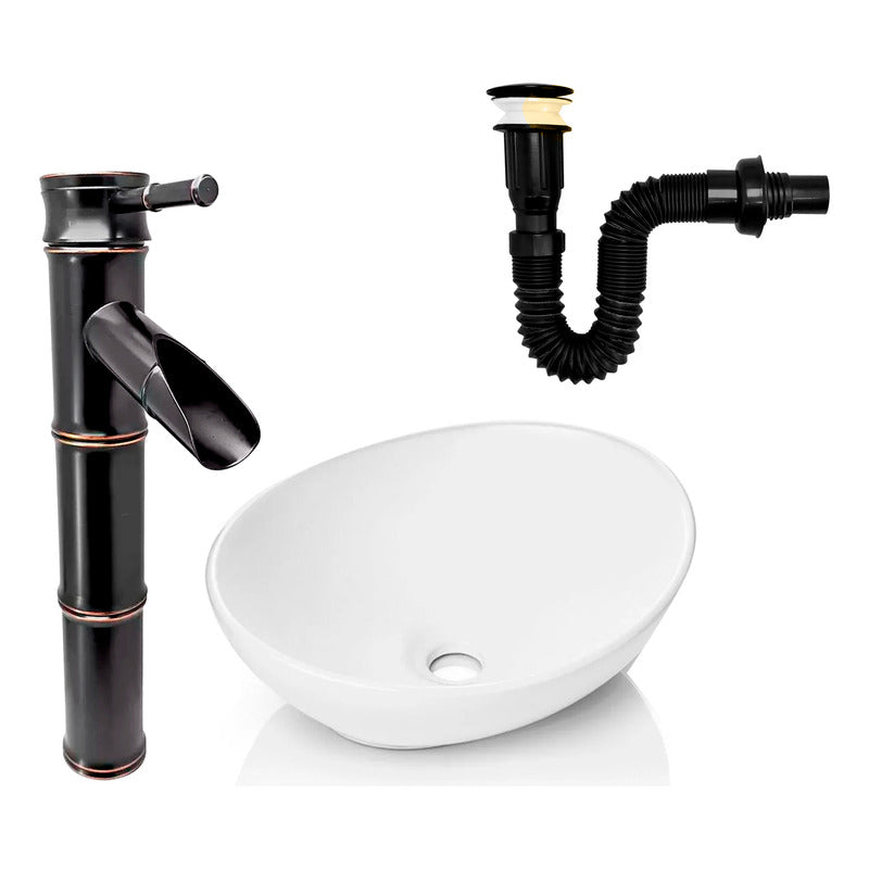 Kit Lavamanos Canoa+griferia Monocontrol Bambú+push Negro