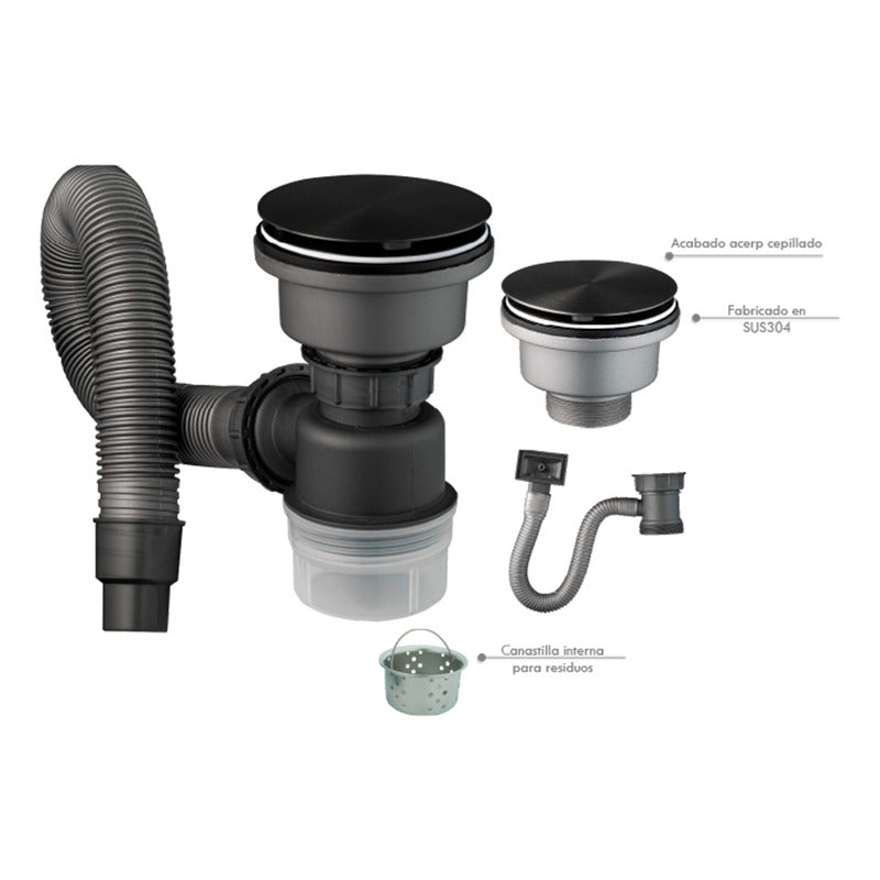 Kit Canastilla Negro Invisible+sifon Lavaplatos Sencillo