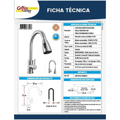 Grifería Extraíble Lavaplatos Acero