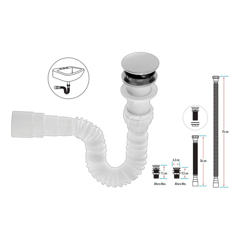 Kit Lavamanos Blanco+griferia Agua Fria Negro+push Y Acople