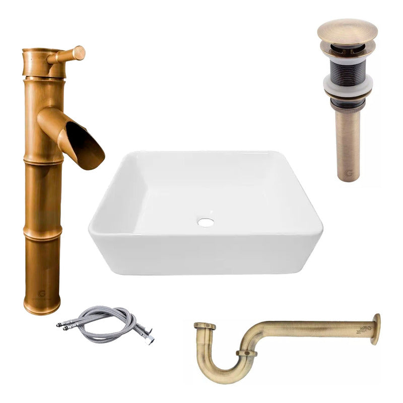 Kit Lavamanos Rectang.+griferia Monoc+push+sifon Bronce Ant.