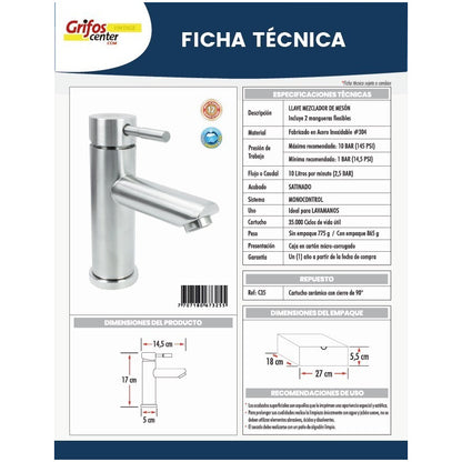 Llave Lavamanos Mezclador Acero Inoxidable