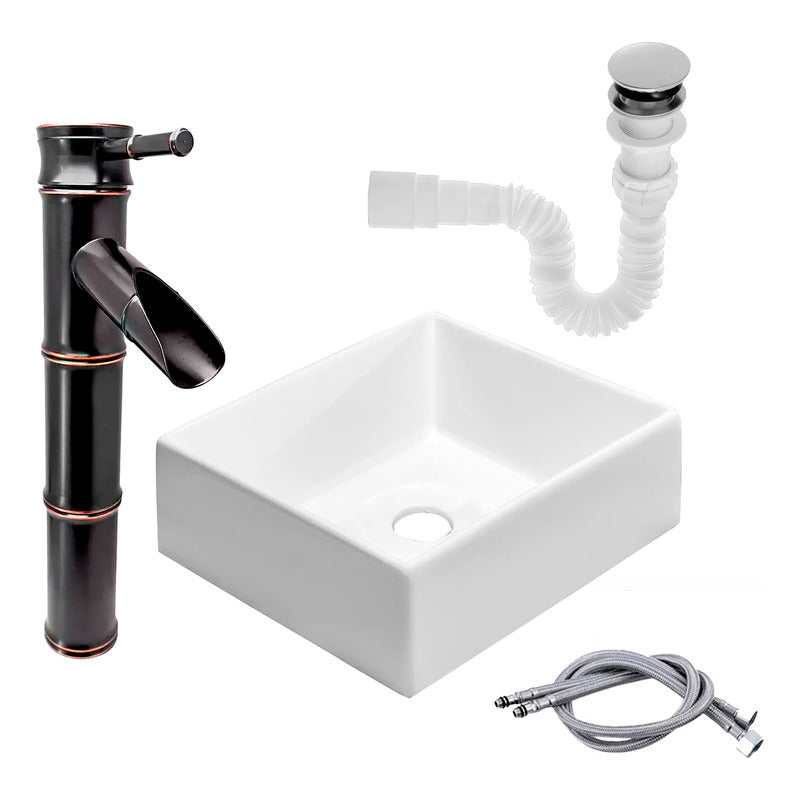 Kit Lavamanos Cuadrado+grifo Monocontrol Bambú Negro+push