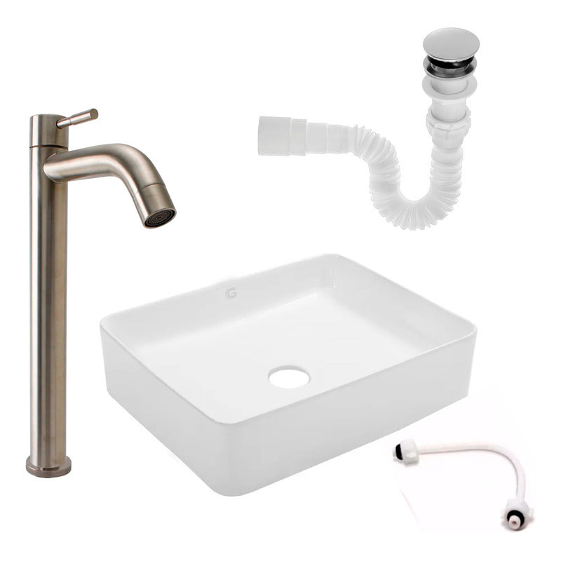 Kit Lavamanos Rectangular+grifo Agua Fria Plat.satin+push