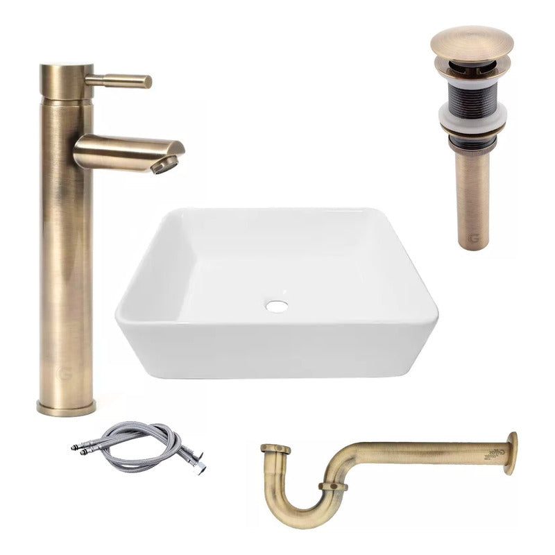 Kit Lavamanos Rectang+grif.monoc.+push+sifon Bronce Ant.01