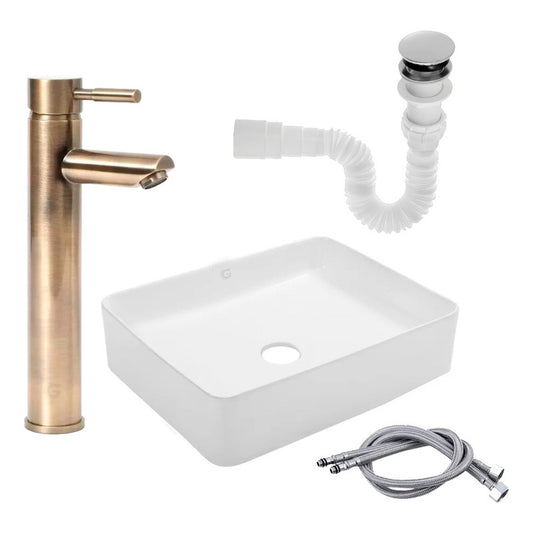 Kit Lavamanos Rectangular+grifo Mono.bronce Antiguo+push