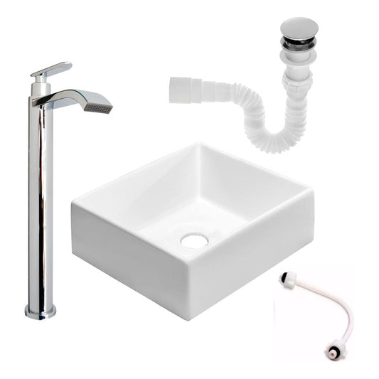 Kit Lavamanos Cuadrado+griferia Agua Fria Cromada+push