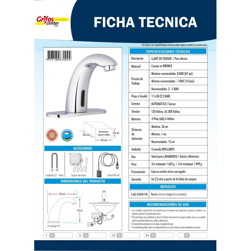 Llave Lavamanos De Sensor Electrónico