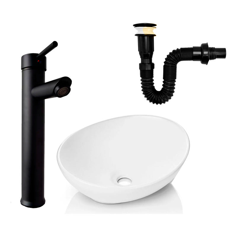 Kit Lavamanos Canoa+griferia Monocontrol Plana+push Negro