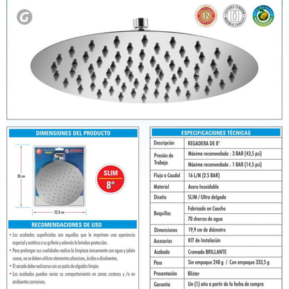 Regadera Redonda En Acero Inoxidable De 8 Pulgadas