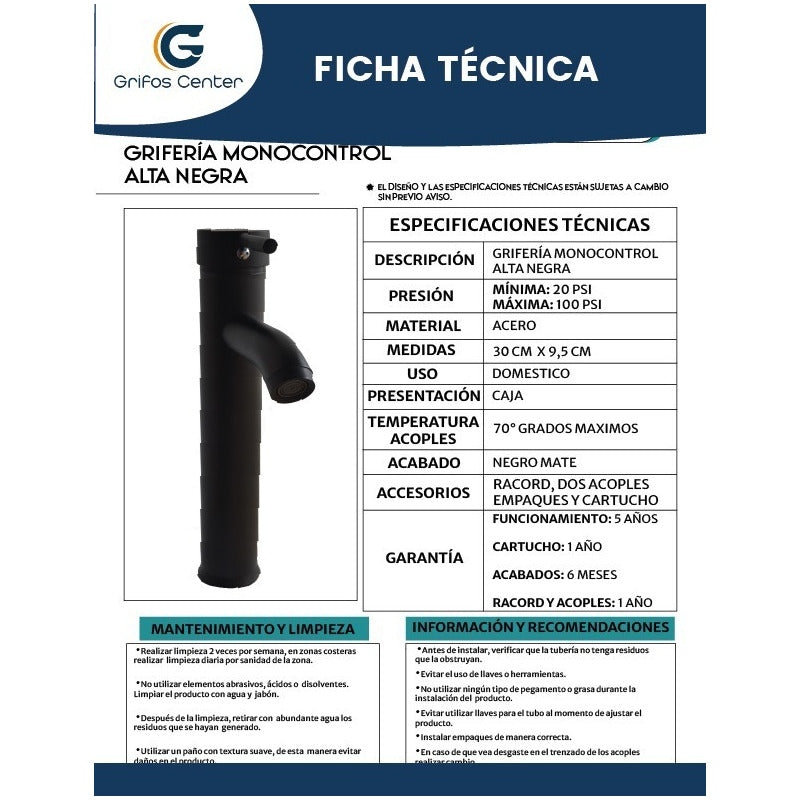 Grifería Monocontrol Lavamanos Alta Negra Vintage