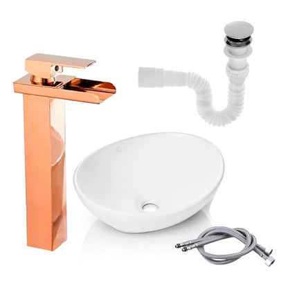 Kit Lavamanos+grifo Monocontrol Cascada Oro Rosa+push+acopl