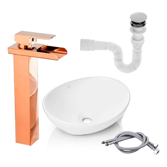 Kit Lavamanos+grifo Monocontrol Cascada Oro Rosa+push+acopl