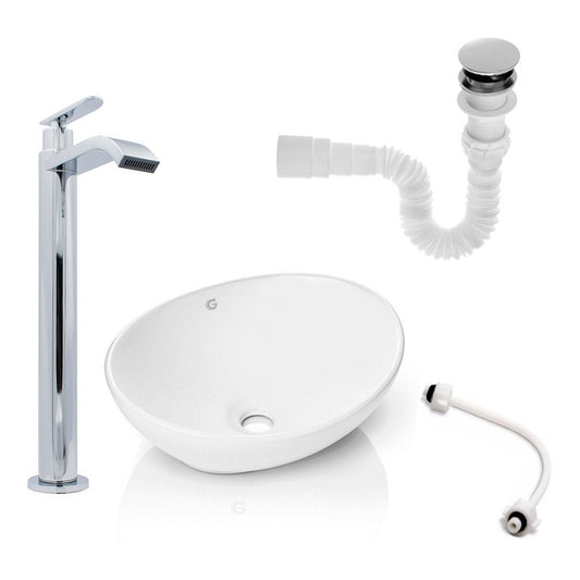 Kit Lavamanos Blanco+griferia Agua Fria Cromo+push Y Acople