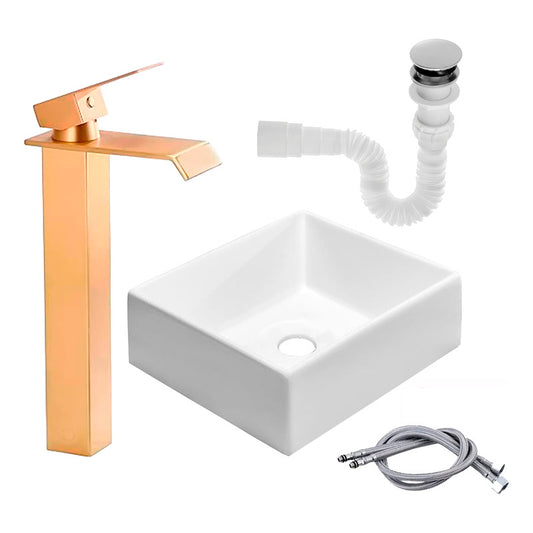 Kit Lavamanos Cuadrado+grifo Monocontrol Oro Cepillado+push