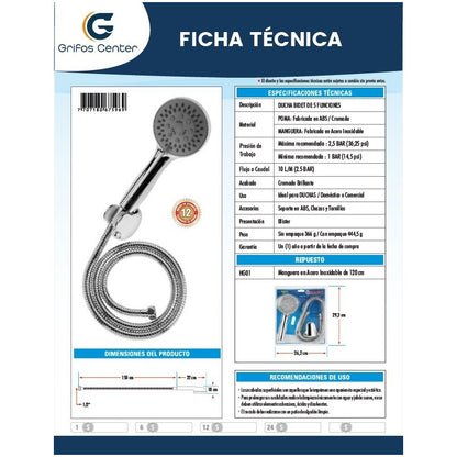 Teleducha En Abs Cromada 5 Funciones Con Manguera