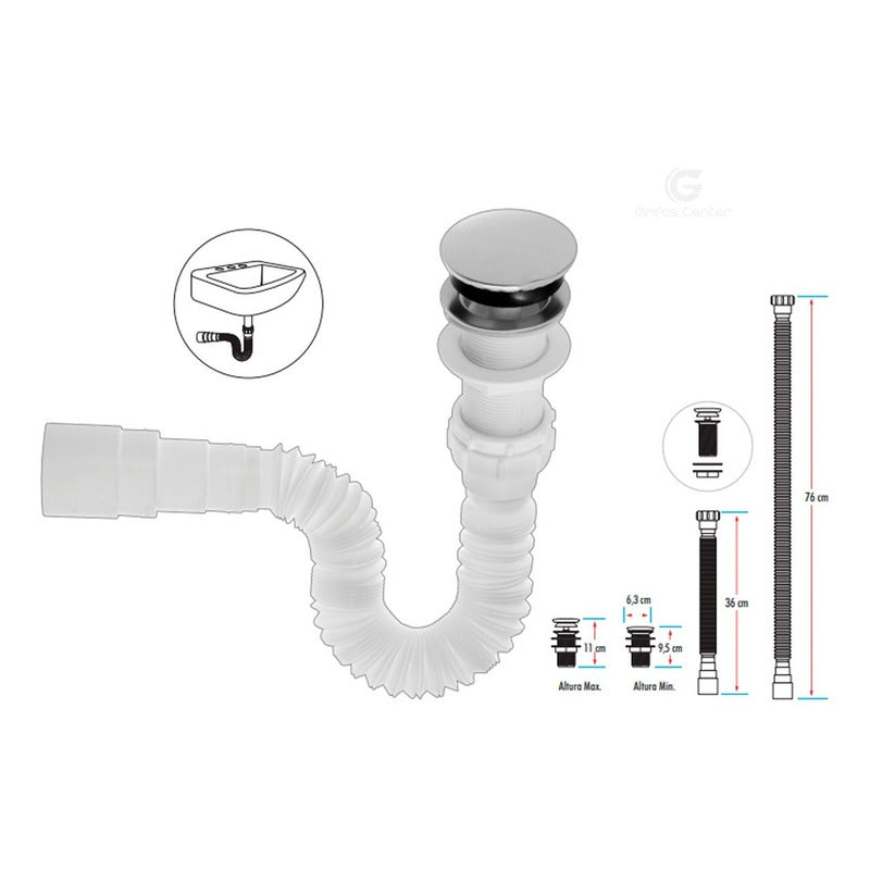 Kit Lavamanos Blanco+griferia Agua Fria Acero+push Y Acople