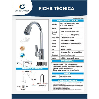 Griferia Monocontrol Cromada De Sensor Con Bateria Carga Usb