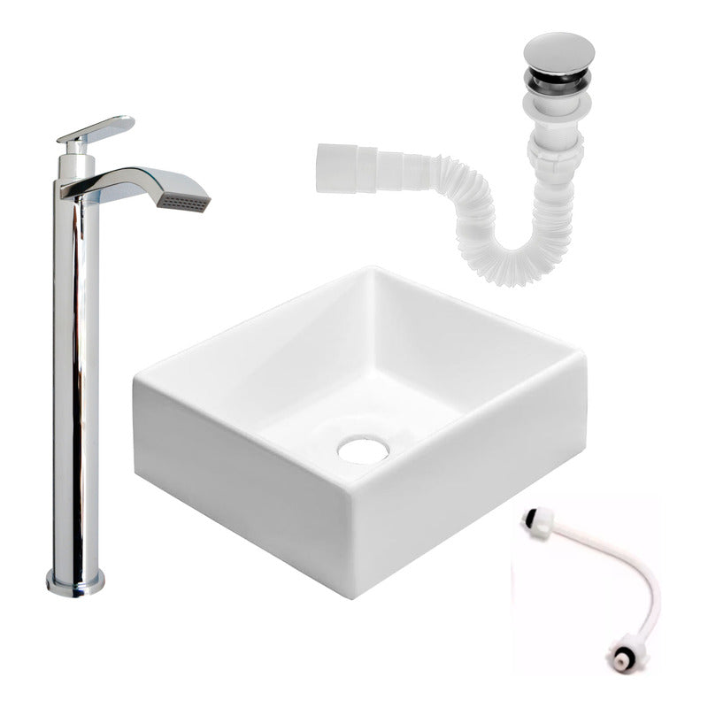 Kit Lavamanos Cuadrado+griferia Agua Fria Cromada+push