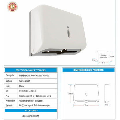 Dispensador Toallas De Papel En Abs