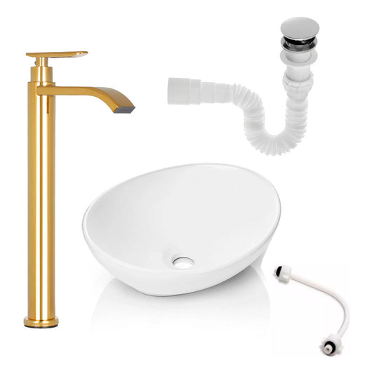 Kit Lavamanos Canoa+grifo Oro Brillante Ag.fria+push-acople